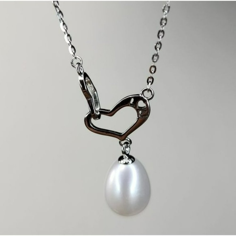 Stamped I LOVE U 925S Silver Drop Freshwater‎ Pearl Pendant Heart Necklace
